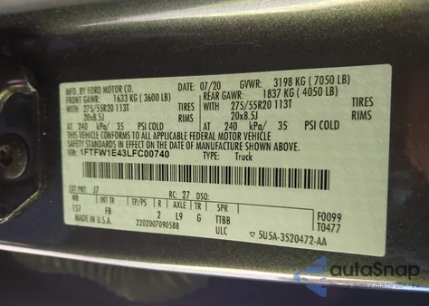 2020 Ford F-150 Xlt из США, поврежденный, VIN 1FTFW1E43LFC00740